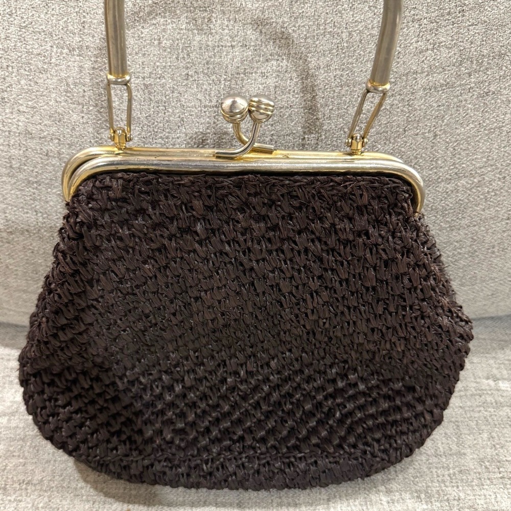 1960s Jana Brown Raffia-style Woven Handbag Kiss Lock Top Handle Whimsigoth